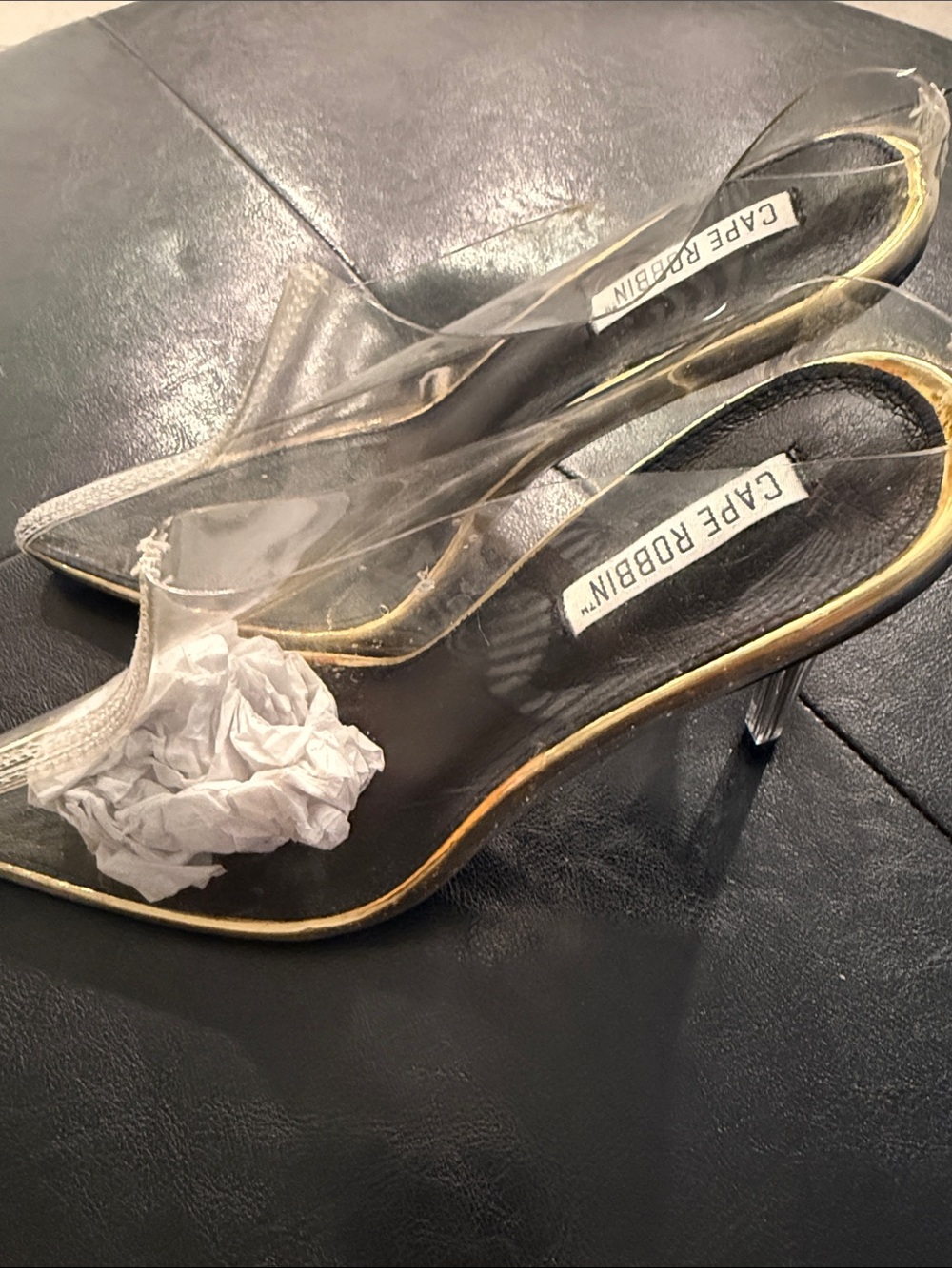 Cape Robbin Transparent Pointed Toe Pumps with Gold Trim - Picture 4 of 4
